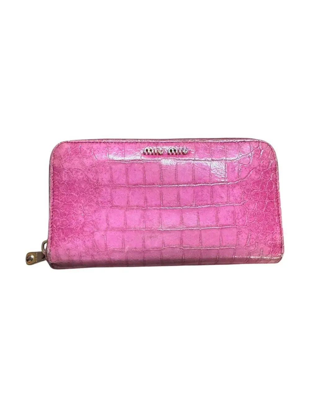 Miu Miu Pink Croc-Embossed Leather Zip Wallet